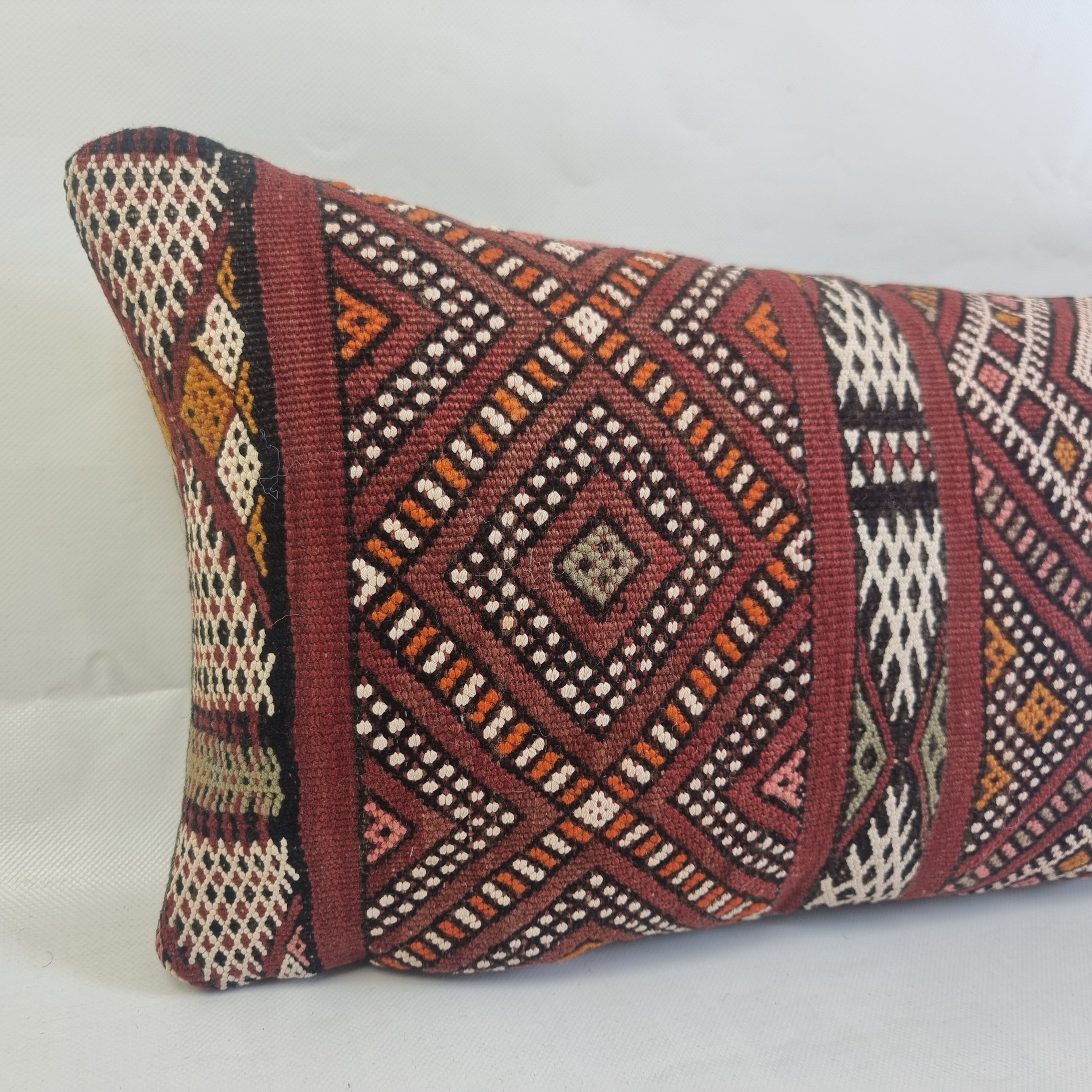 Authentic Moroccan Kilim Lumbar Pillow Cover 12x24" | Burgundy Geometric Boho Cushion | Handwoven Berber Tribal Throw Pillow 31x60 cm MoroccanBazzArts