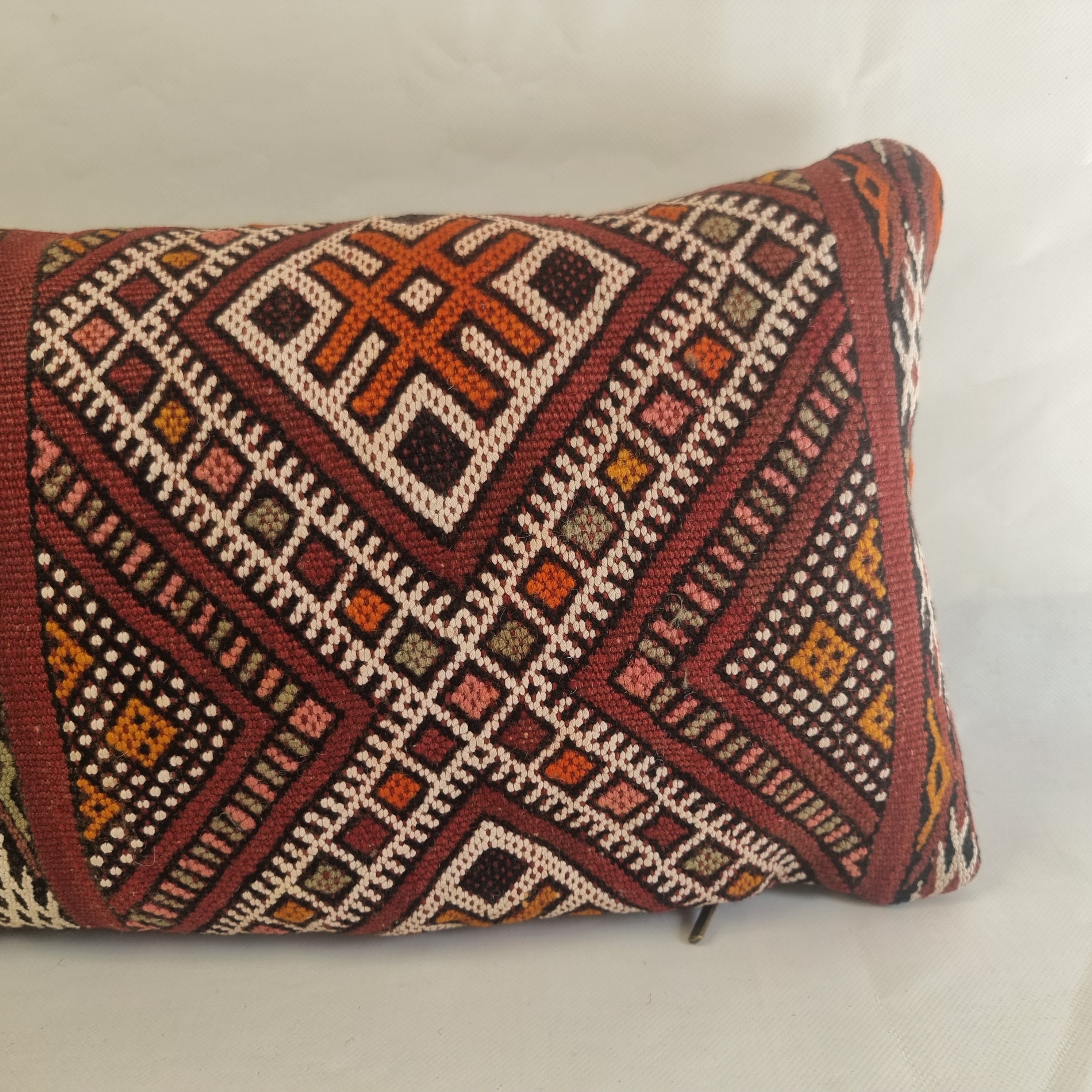 Authentic Moroccan Kilim Lumbar Pillow Cover 12x24" | Burgundy Geometric Boho Cushion | Handwoven Berber Tribal Throw Pillow 31x60 cm MoroccanBazzArts