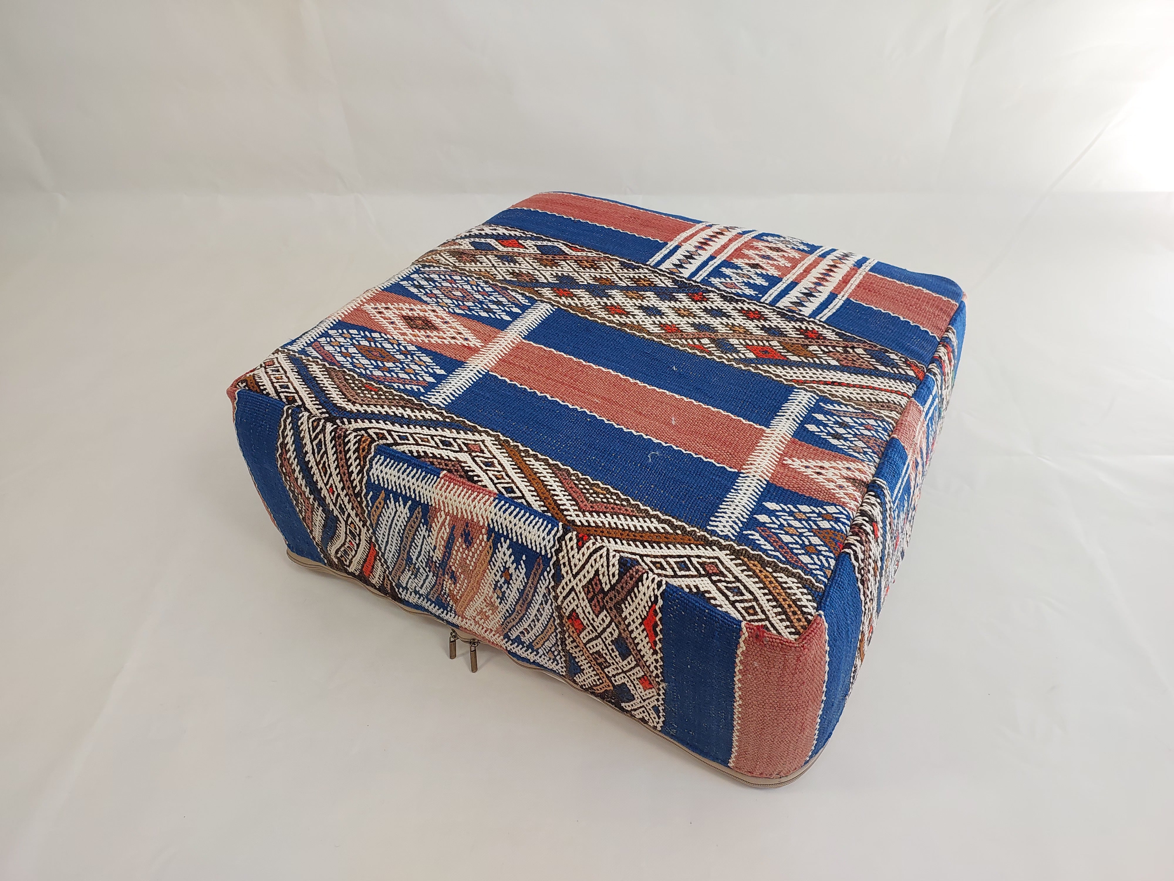 Vintage Berber Kilim Square Pouf – Authentic Moroccan Blue Ottoman & Boho Floor Pillow MoroccanBazzArts