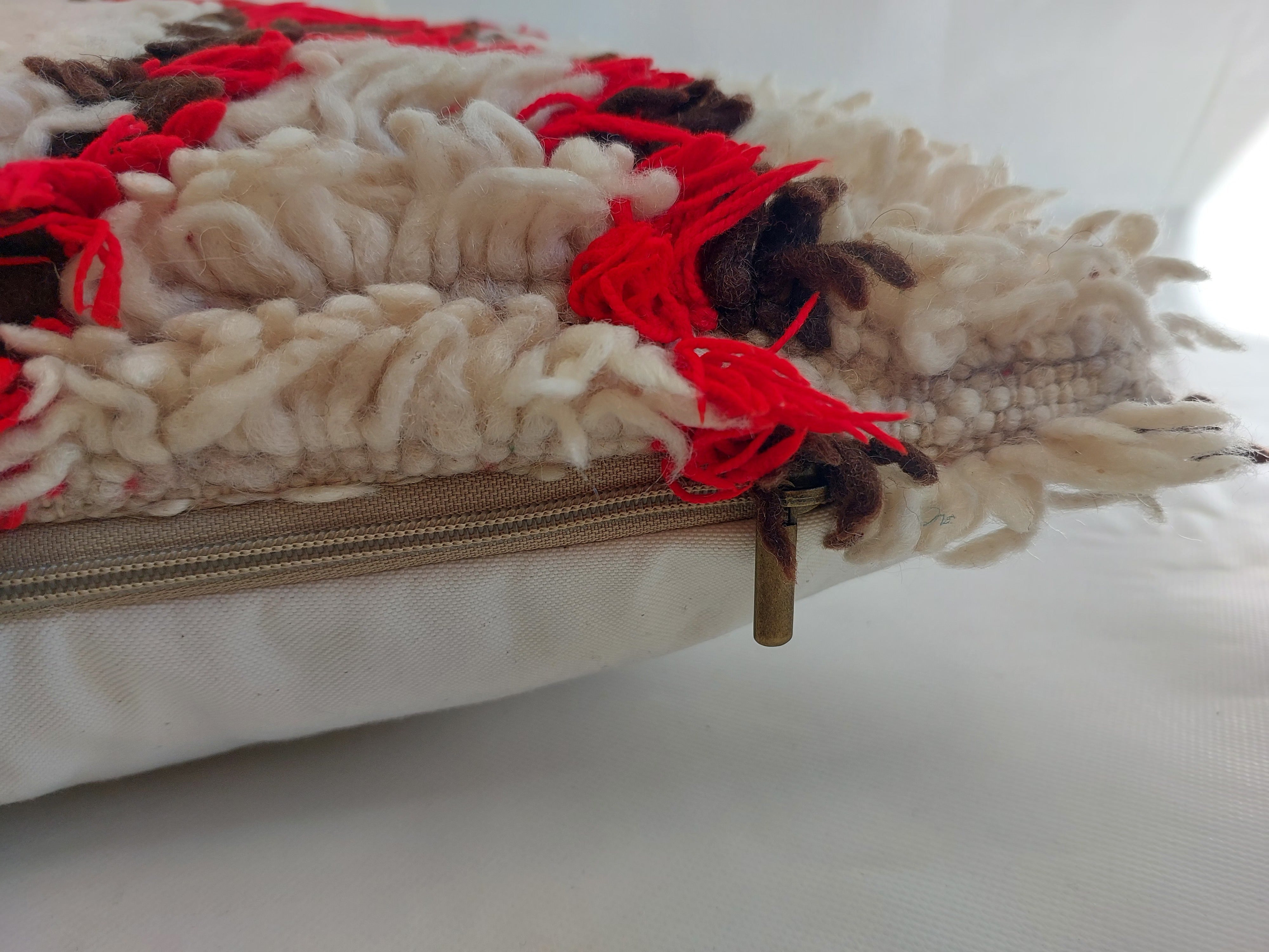 Vintage Moroccan Rug Pillow Cover | Handwoven Brown & Red Geometric Cushion | Boho Minimalist Decor | Shag Wool Throw Pillow Cover MoroccanBazzArts