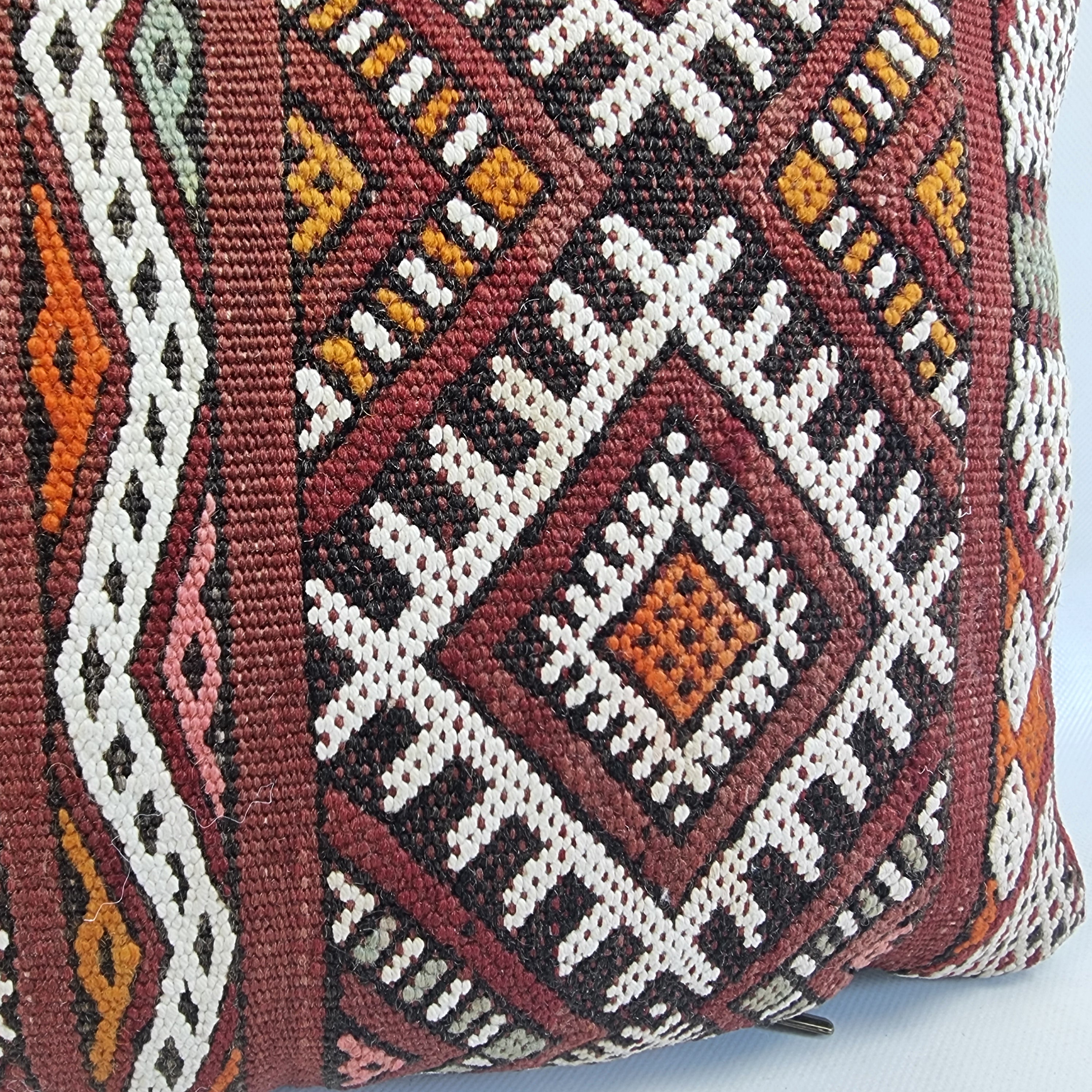 Authentic Moroccan Kilim Lumbar Pillow Cover 12x22" | Burgundy Geometric Boho Cushion | Handwoven Berber Tribal Throw Pillow 32x58cm MoroccanBazzArts