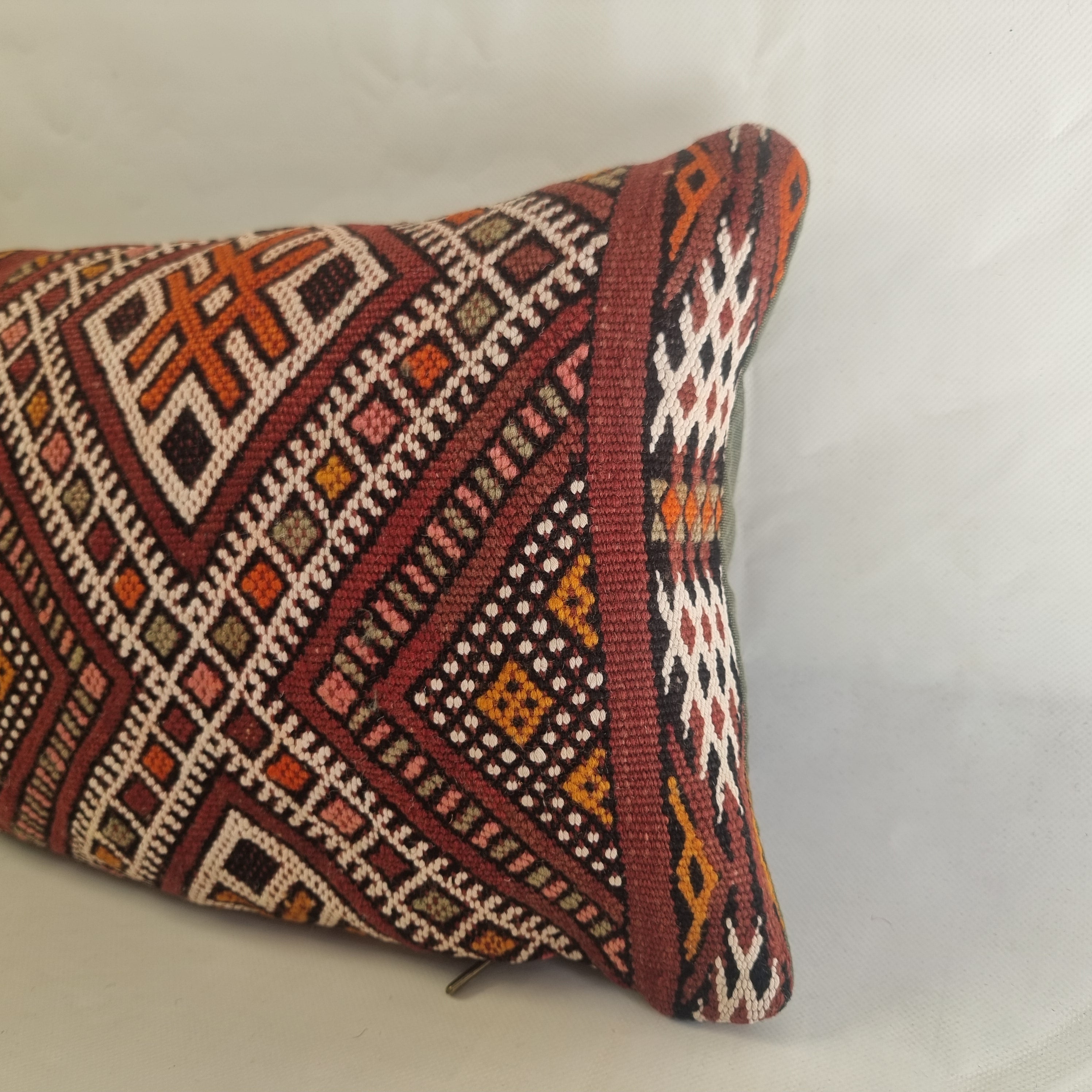 Authentic Moroccan Kilim Lumbar Pillow Cover 12x24" | Burgundy Geometric Boho Cushion | Handwoven Berber Tribal Throw Pillow 31x60 cm MoroccanBazzArts
