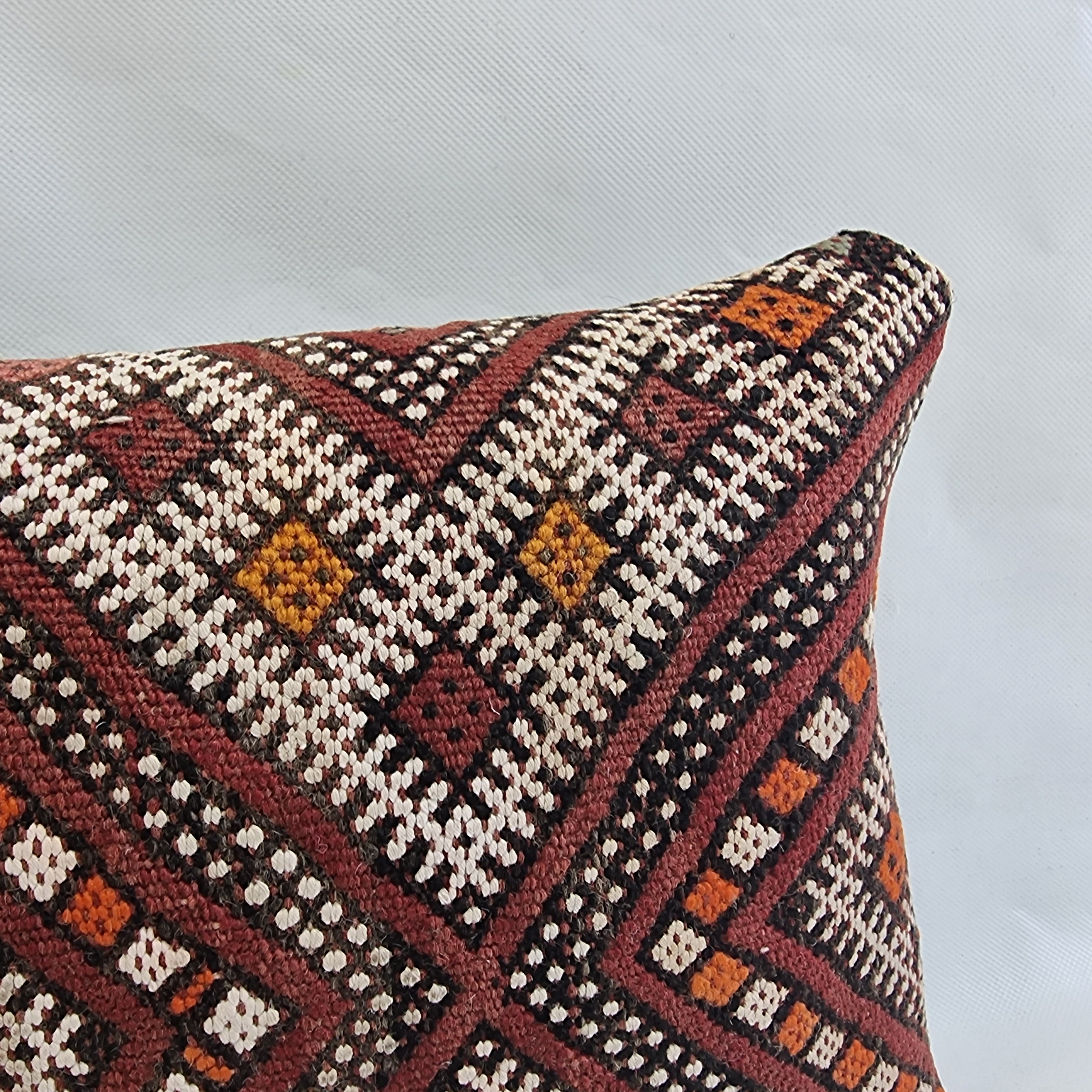 Authentic Moroccan Kilim Lumbar Pillow Cover 12x21" | Burgundy Geometric Boho Cushion | Handwoven Berber Tribal Throw Pillow 32x55cm MoroccanBazzArts