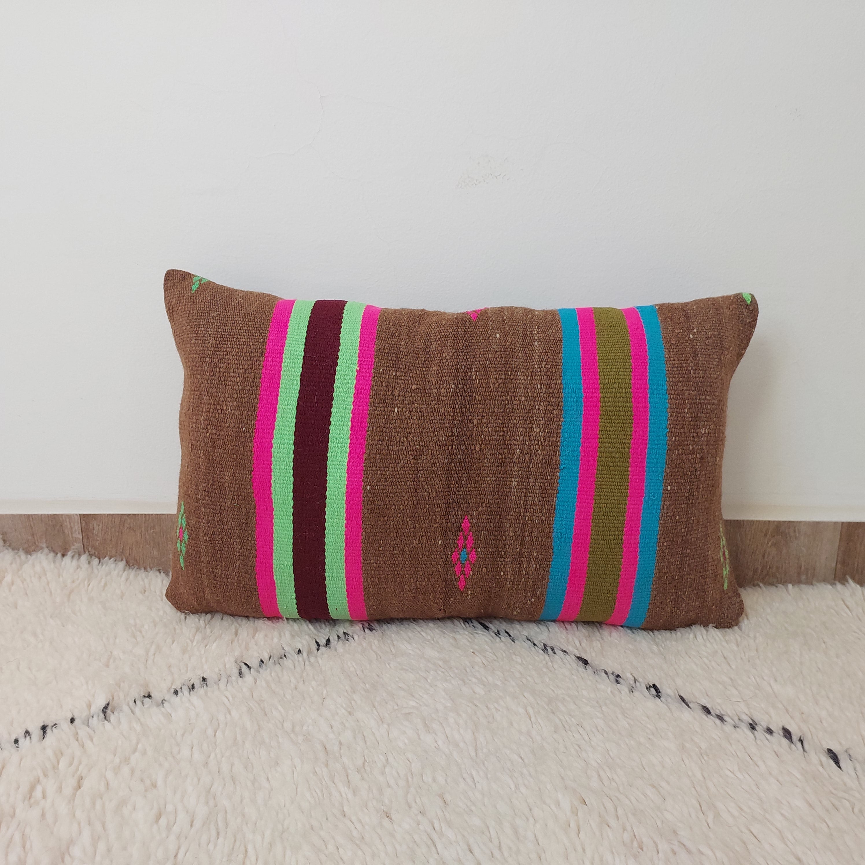 Set of 3 Vintage Boujaad Kilim Lumbar Pillow Covers 38x60 cm | Handwoven Brown Wool MoroccanBazzArts