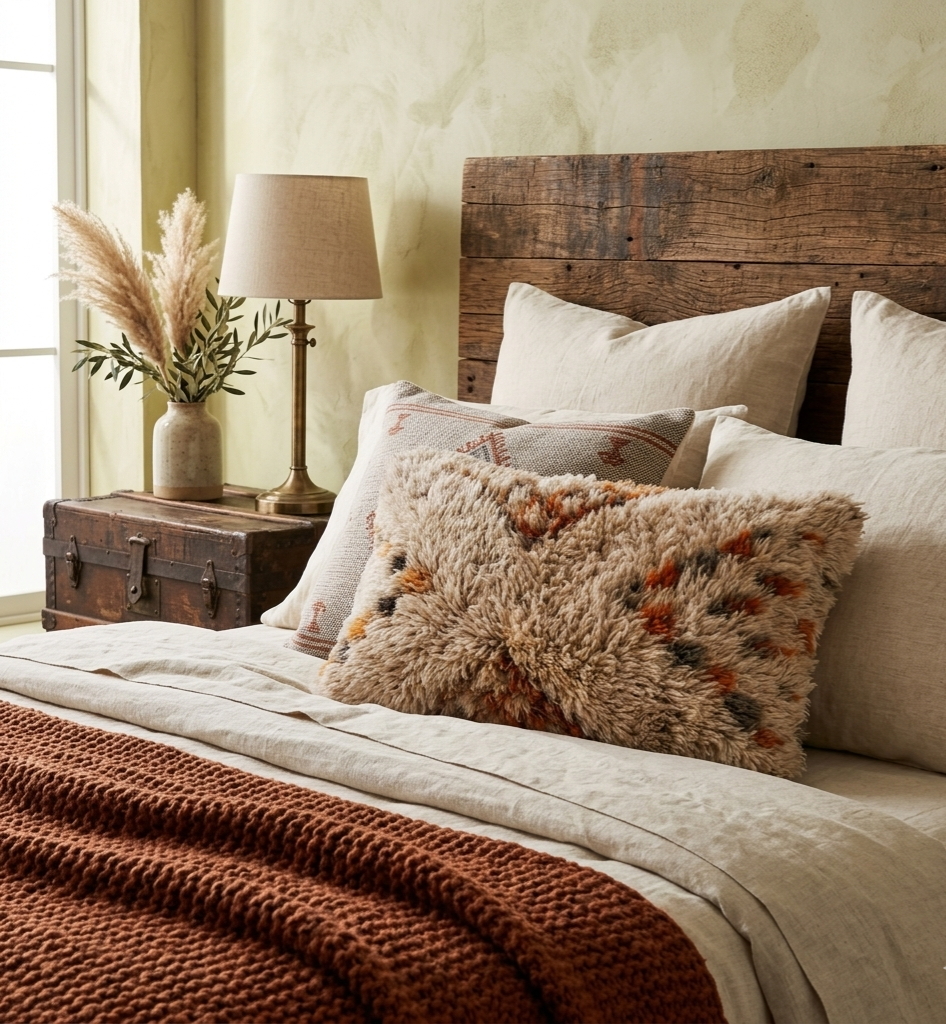 Cozy bedroom with wooden headboard,  beni ourain pillow, and a lamp.