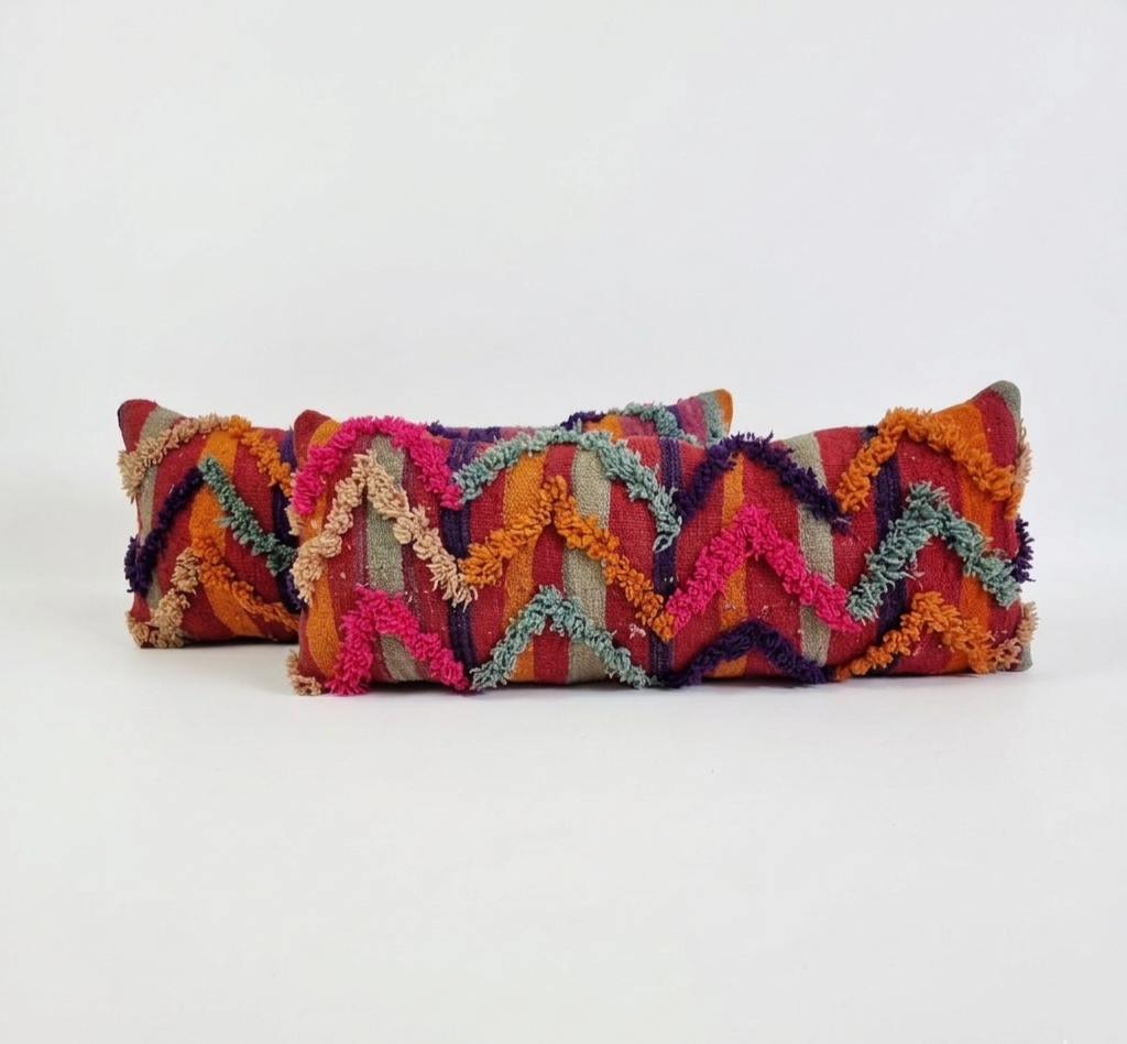 Vintage Authentic Talsint Lumbar Pillow Cover 13"x31" | Colorful Moroccan Berber knotted Cushion | Handmade Boho Decor MoroccanBazzArts.