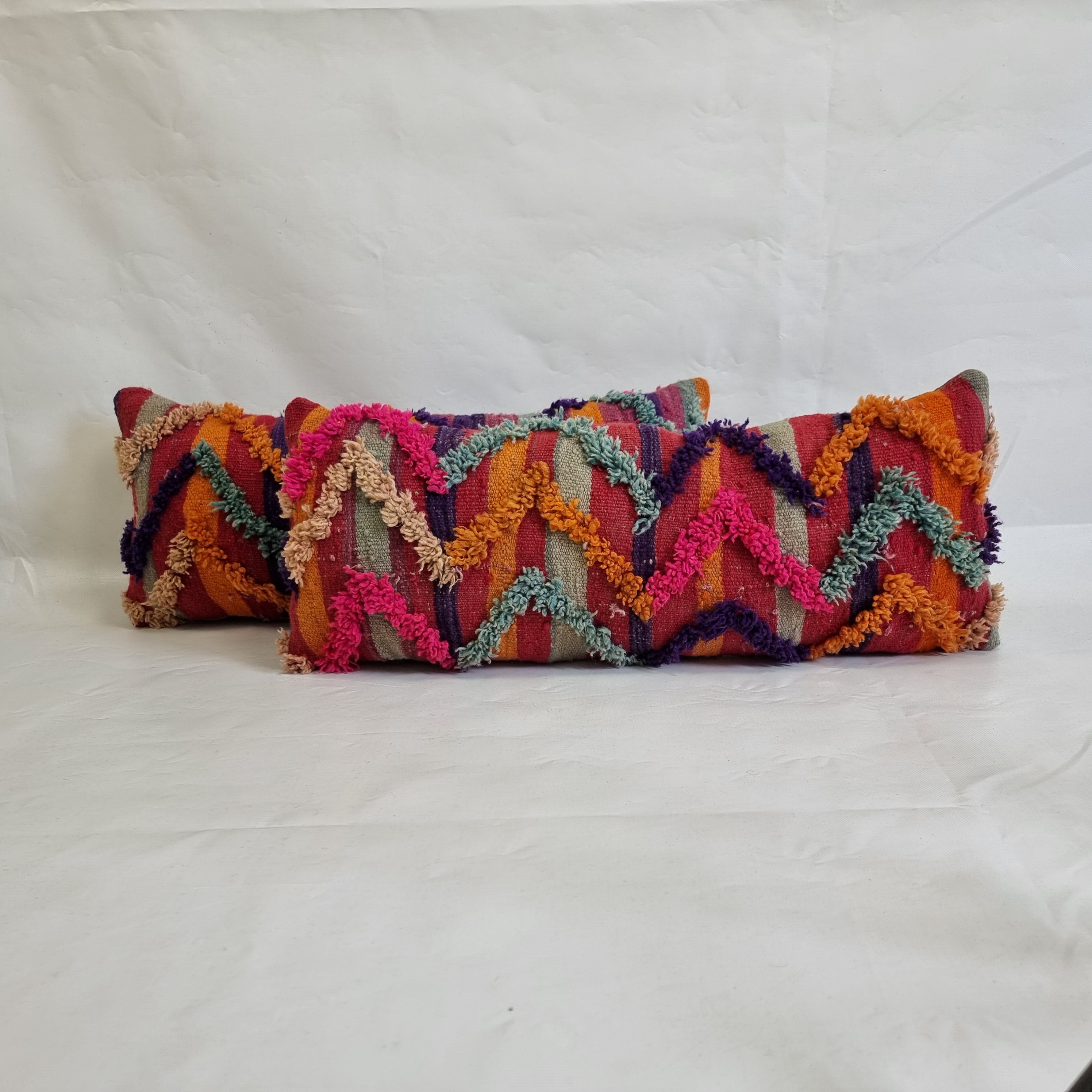 Vintage Authentic Talsint Lumbar Pillow Cover 13"x31" | Colorful Moroccan Berber knotted Cushion | Handmade Boho Decor MoroccanBazzArts