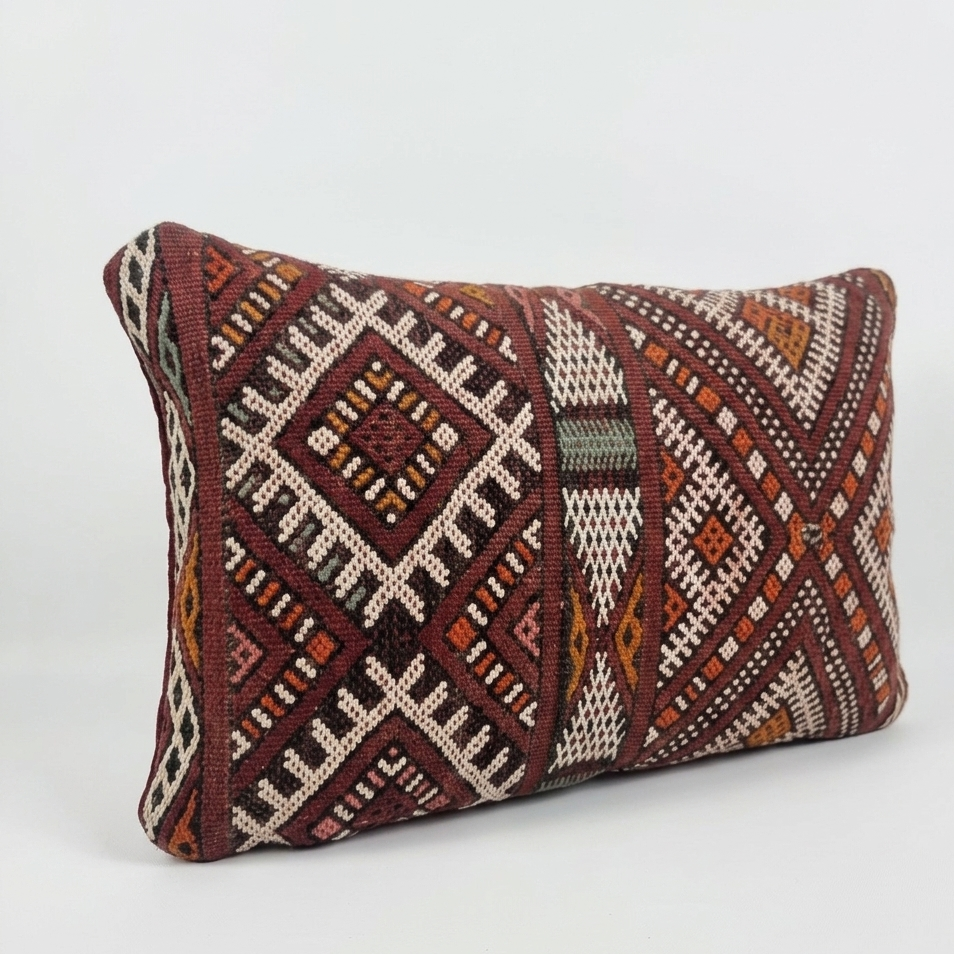 Authentic Moroccan Kilim Lumbar Pillow Cover 12x21" | Burgundy Geometric Boho Cushion | Handwoven Berber Tribal Throw Pillow 32x55cm MoroccanBazzArts