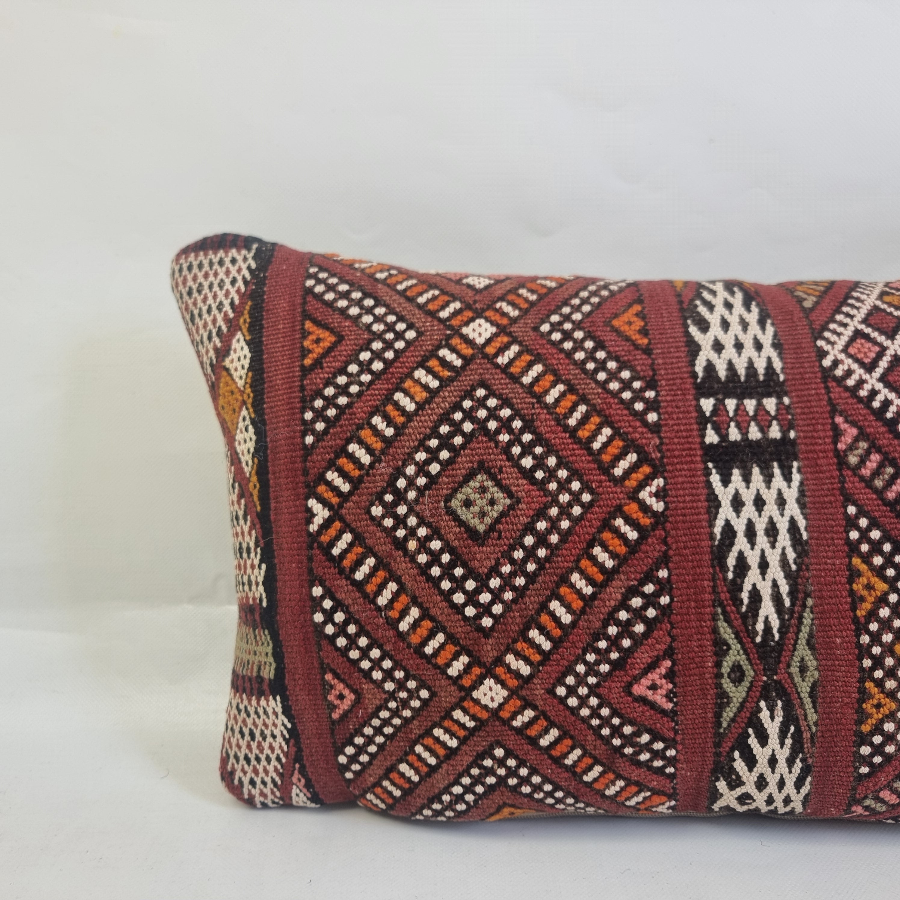 Authentic Moroccan Kilim Lumbar Pillow Cover 12x24" | Burgundy Geometric Boho Cushion | Handwoven Berber Tribal Throw Pillow 31x60 cm MoroccanBazzArts