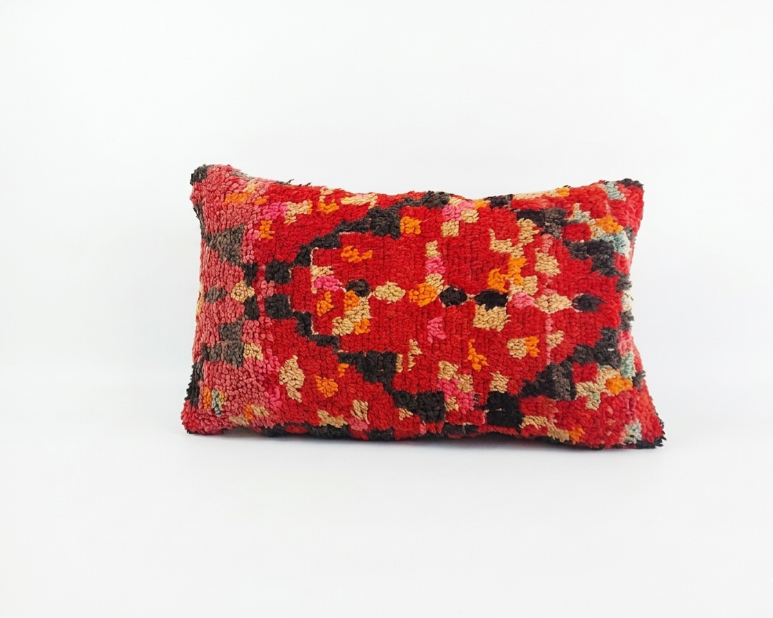 Authentic Aït Bou Ichaouen Moroccan Pillow 17x27 | Original Handmade Berber Wool Lumbar Cushion | Colorful Boho Textured Throw Pillow Cover MoroccanBazzArts