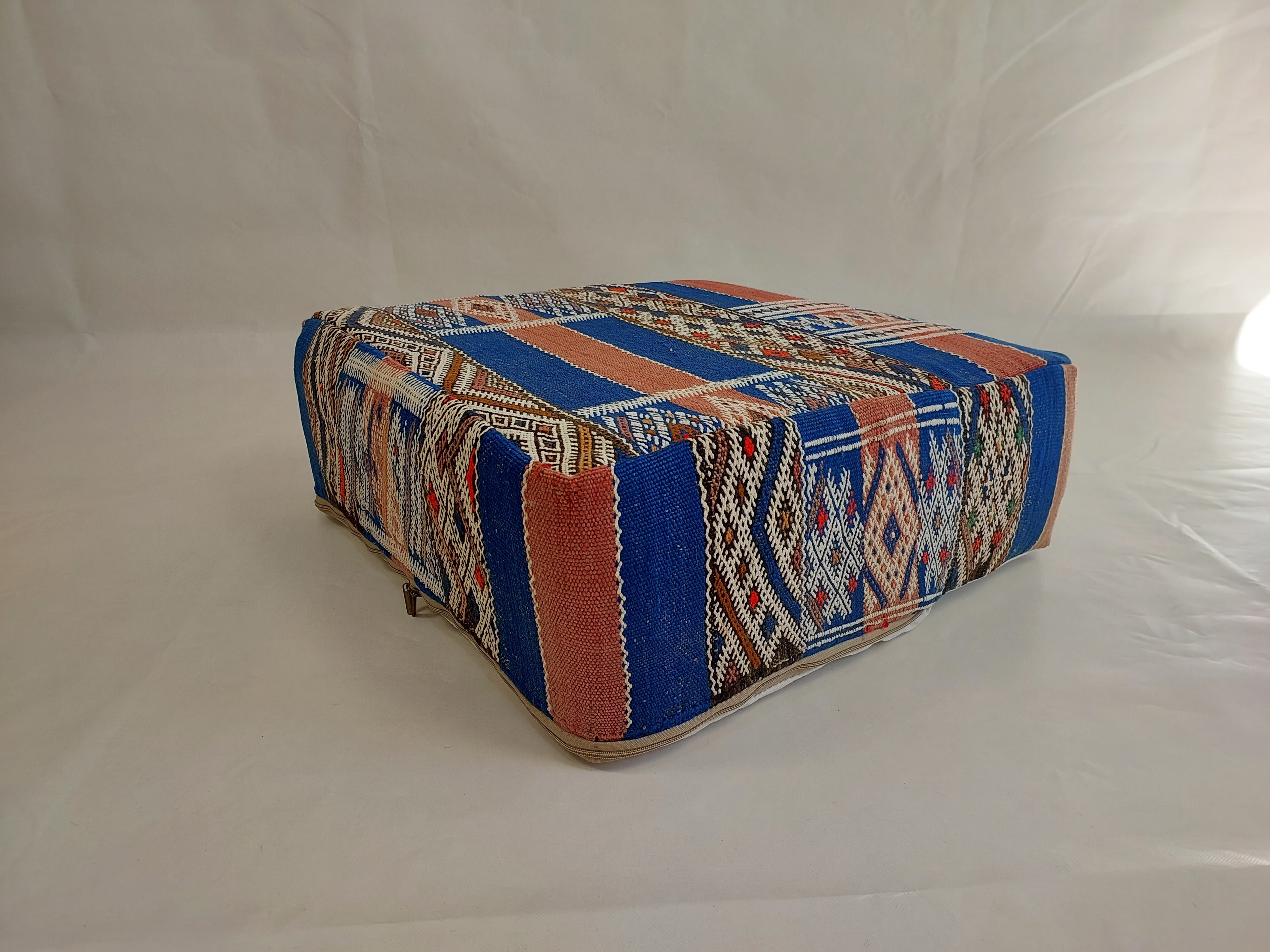 Vintage Berber Kilim Square Pouf – Authentic Moroccan Blue Ottoman & Boho Floor Pillow MoroccanBazzArts