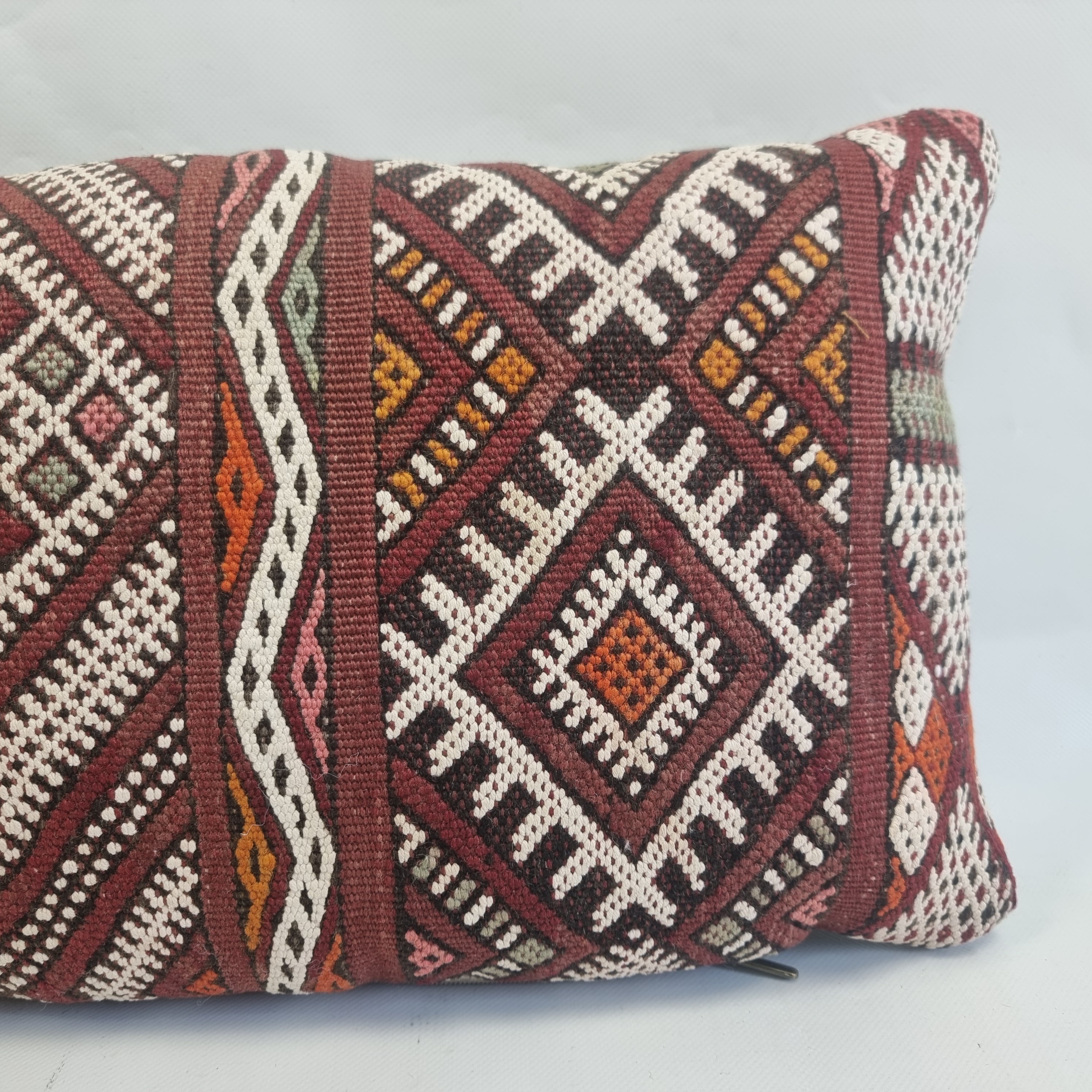 Authentic Moroccan Kilim Lumbar Pillow Cover 12x22" | Burgundy Geometric Boho Cushion | Handwoven Berber Tribal Throw Pillow 32x58cm MoroccanBazzArts